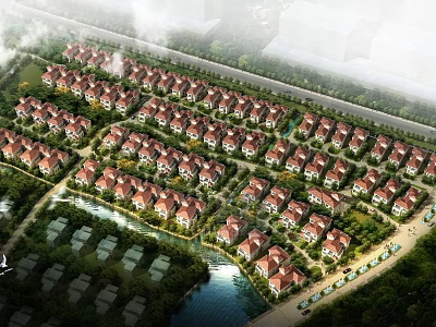 Scenic Detached Villas with Neatly Arranged Rows and Waterfront Greenery Landscape 3d model