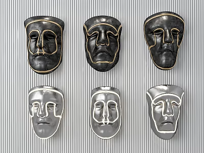 Decorative Mask Wall Hangings With Black Gray Masks And Gold White Lines On Striped Background 3d model