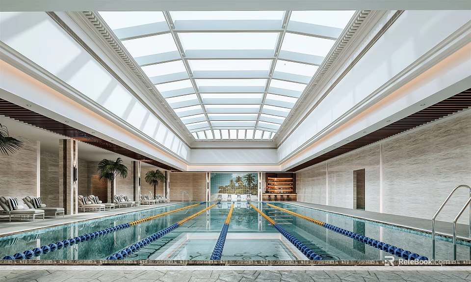 Indoor Swimming Pool With Glass Ceiling Swim Lanes And Seating Areas 3d model 