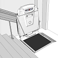 Outdoor Wheelchair Lift Attached to Staircase With Wooden Deck and White Metal Frame