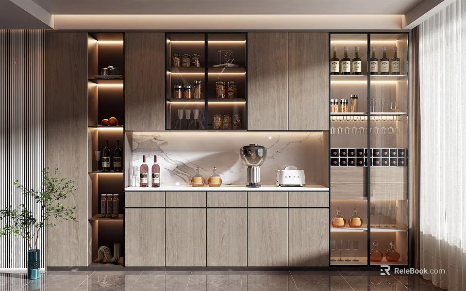 Modern Wooden Wine Cabinet With Glass Doors LED Lighting And Display Shelves 3d model 