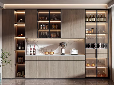 Modern Wooden Wine Cabinet With Glass Doors LED Lighting And Display Shelves 3d model