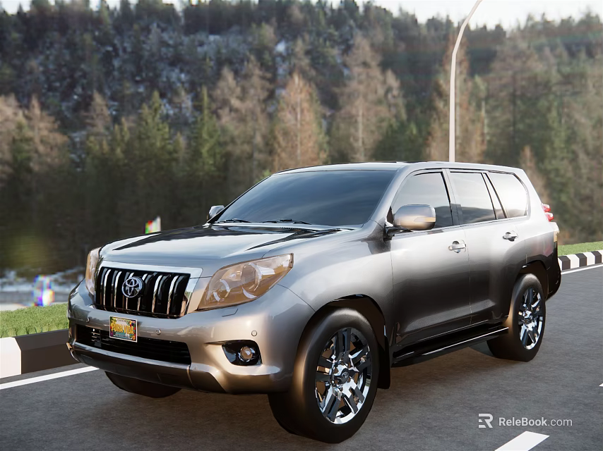 Silver SUV Parked On Roadside With Green Trees And Street Lamp Background 3d model 