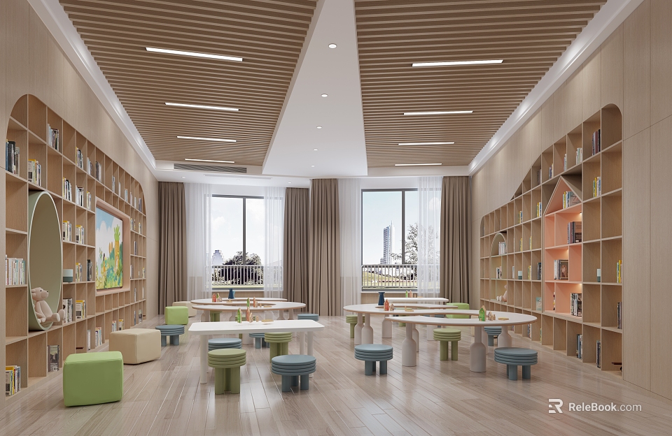 Cozy Kindergarten Interior With Bookshelves Tables Chairs Paintings And Natural Light 3d model 