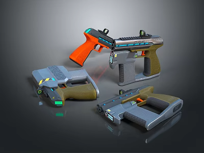 Futuristic Tactical Pistols With Different Orange Brown Gray Designs And Glowing Accents 3d model