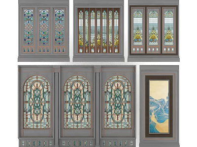 Artistic Room Partitions With Stained Glass Panels And Intricate Wooden Frames 3d model
