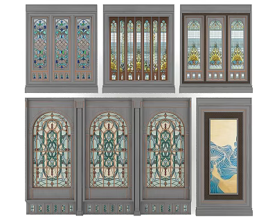 Artistic Room Partitions With Stained Glass Panels And Intricate Wooden Frames 3d model