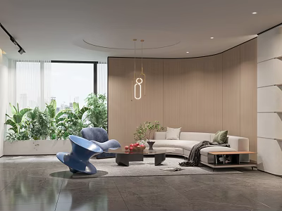 Modern Living Room Interior Design With Sofa Accent Chair Green Plants And Hanging Light 3d model