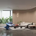 Modern Living Room Interior Design With Sofa Accent Chair Green Plants And Hanging Light