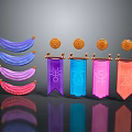 Colorful Fabric Pieces and Gold Badges on Clothing Accessories with Banner Decorations and Various Symbols