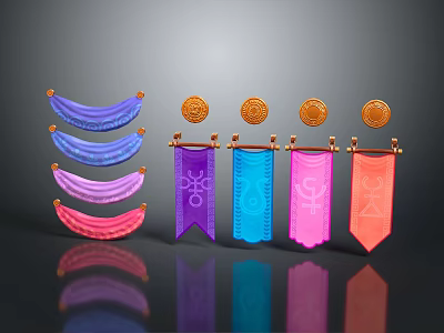 Colorful Fabric Pieces and Gold Badges on Clothing Accessories with Banner Decorations and Various Symbols 3d model