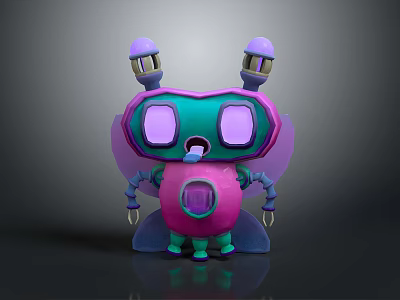 Cute Purple Green Cartoon Robot Character With Antennae Big Eyes Wings 3d model