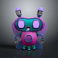 Cute Purple Green Cartoon Robot Character With Antennae Big Eyes Wings