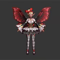 Game Movie Character With Red Butterfly Wings Red Bow White Black Outfit Diamond Patterned Stockings