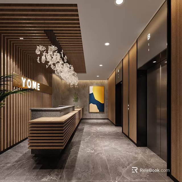 Modern Wooden Reception Desk Interior With Chandelier Elevators And Wall Art 3d model 