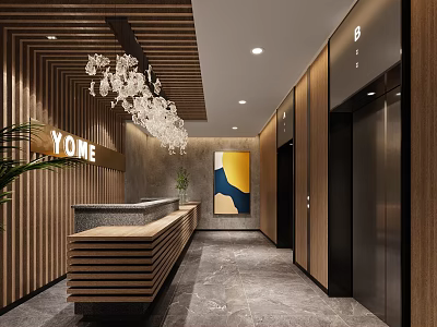 Modern Wooden Reception Desk Interior With Chandelier Elevators And Wall Art 3d model