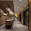 Modern Wooden Reception Desk Interior With Chandelier Elevators And Wall Art