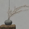 Gray Ceramic Vase With White Berry Branches On Wooden Stump In Sunlight Shadows
