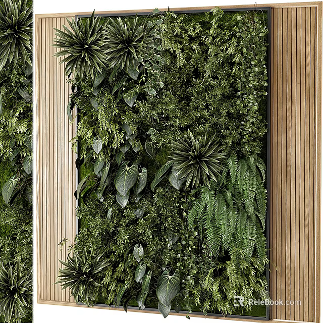 Indoor Green Plant Wall Decor With Wooden Frame And Lush Natural Foliage Design 3d model 