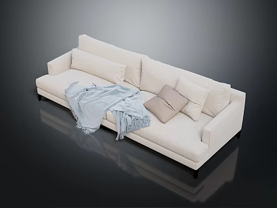 Minimalist Beige Sectional Sofa With Light Blue Blanket Decorative Pillows And Black Legs 3d model