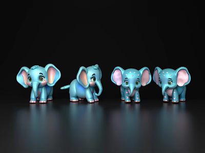 Cute Blue Baby Elephant Plush Toys On Black Background With Reflections 3d model