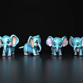 Cute Blue Baby Elephant Plush Toys On Black Background With Reflections