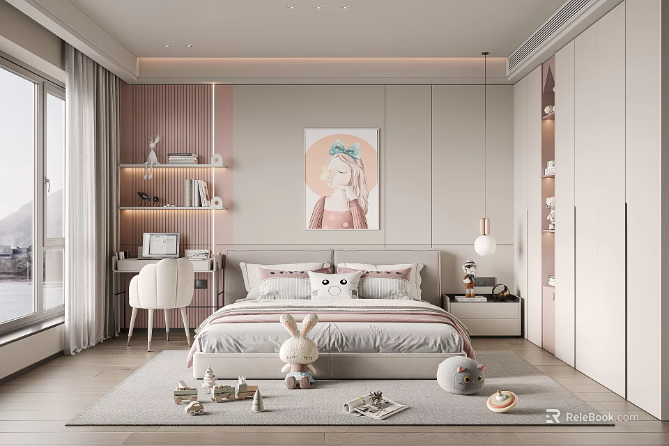 Playful Kids Room Interior With Striped Bed Bunny Toy Wall Art Bookshelf And Desk 3d model 