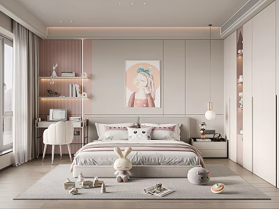 Playful Kids Room Interior With Striped Bed Bunny Toy Wall Art Bookshelf And Desk 3d model