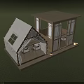 Wooden Cabin with Tent Style Roof Open Design Tables Chairs Light Decorations on Green Lawn