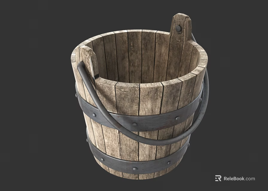 Vintage Wooden Bucket With Metal Hoops And Handles For Daily Life Supplies 3d model 