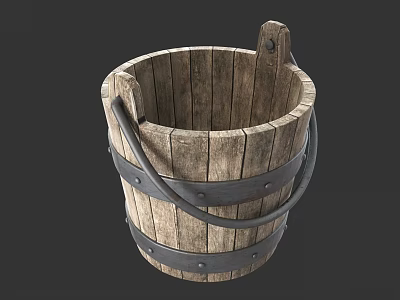 Vintage Wooden Bucket With Metal Hoops And Handles For Daily Life Supplies 3d model