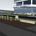 Outdoor Garden Ornamental Space With Benches Trees Lawn And Modern Building