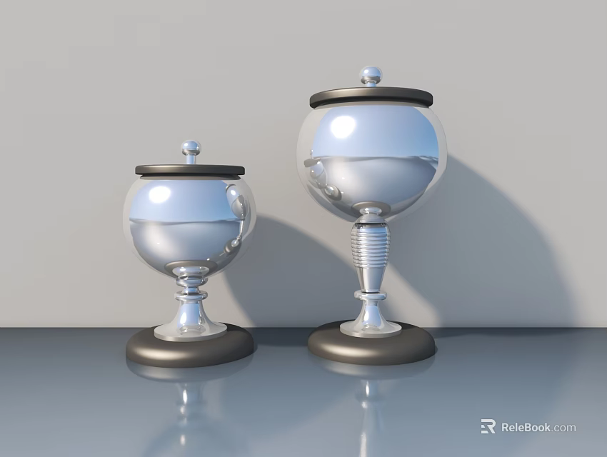 Silver Sculptures with Lids on Black Pedestals Reflective Metallic Finish Different Sizes on Smooth Surface 3d model 