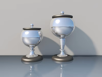 Silver Sculptures with Lids on Black Pedestals Reflective Metallic Finish Different Sizes on Smooth Surface 3d model