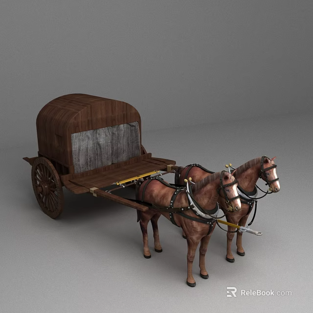 Vintage Wooden Horse Drawn Carriage With Two Horses And Gray Cover 3d model 