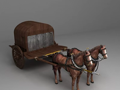 Vintage Wooden Horse Drawn Carriage With Two Horses And Gray Cover 3d model