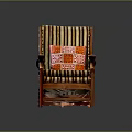 Comfortable Striped Fabric Lounge Chair Featuring Wooden Armrests And Patterned Cushion