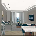 Modern Living and Dining Room Interior With Beige Sofa Marble Coffee Table TV City View