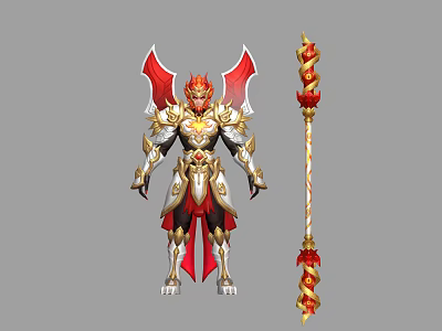 Game Movie Character with Red Wings Golden Armor and Ornate Staff Weapon Detailed Mythical Design 3d model