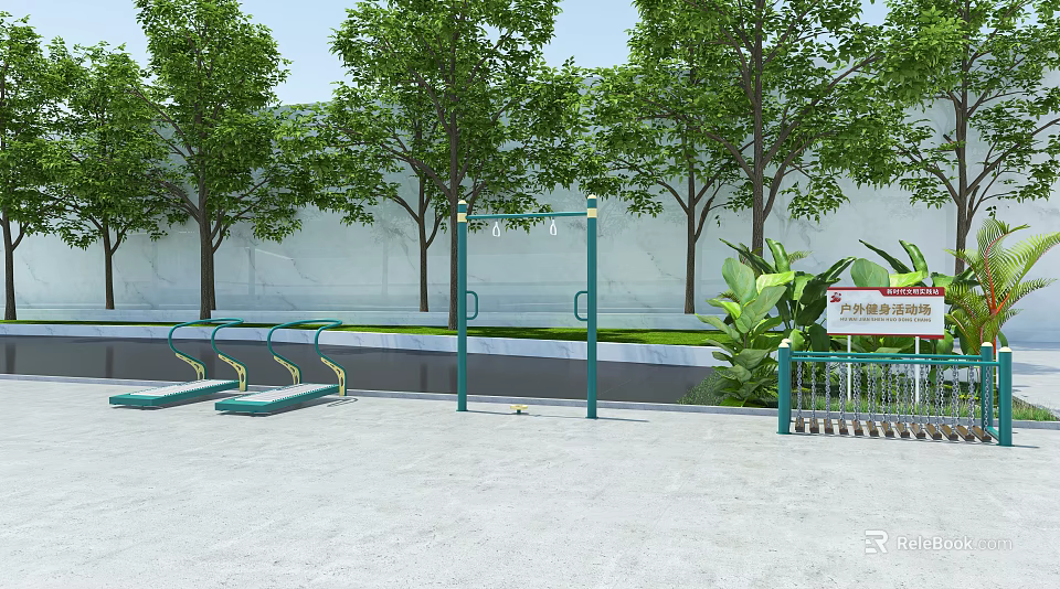 Outdoor Sports Equipment With Parallel Bars And Green Trees In Community Fitness Area 3d model 