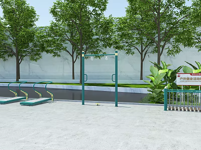 Outdoor Sports Equipment With Parallel Bars And Green Trees In Community Fitness Area 3d model