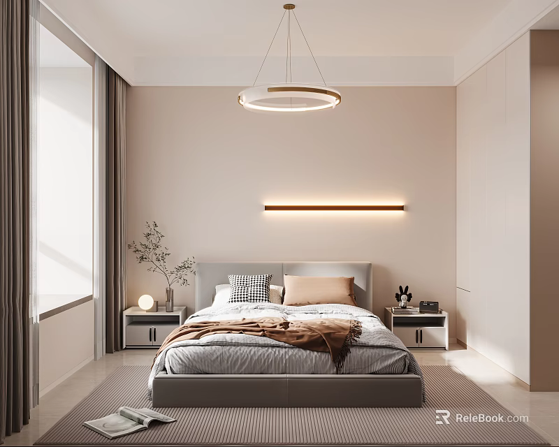 Modern Bedroom Interior With Bed Nightstands Wall Light Ceiling Pendant And Curtains 3d model 