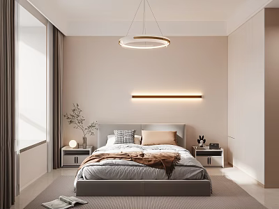 Modern Bedroom Interior With Bed Nightstands Wall Light Ceiling Pendant And Curtains 3d model