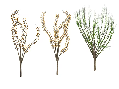 Decorative Artificial Branches With Golden Accents And Green Slender Stems For Home Decor 3d model