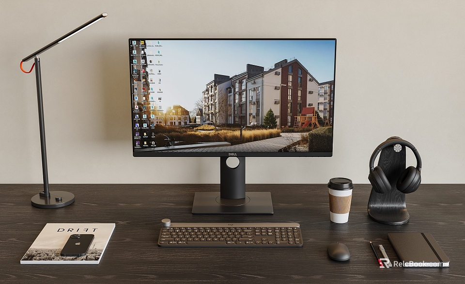 Modern Computer Monitor Desktop Setup With Keyboard Mouse Headphones And Desk Lamp 3d model 