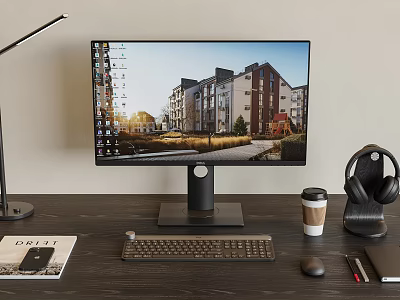 Modern Computer Monitor Desktop Setup With Keyboard Mouse Headphones And Desk Lamp 3d model