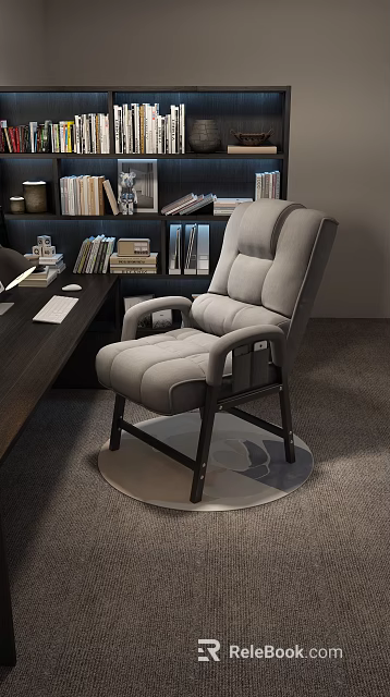 Modern Home Office Desk Setup With Comfortable Gray Chair And Bookshelf 3d model 