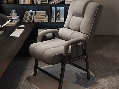 Modern Home Office Desk Setup With Comfortable Gray Chair And Bookshelf 3d model