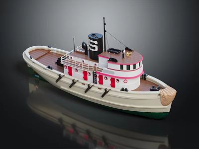 Classic Yacht Model With Red White Decor And Chimney 3d model