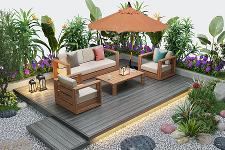 Courtyard landscape outdoor sofa flower pool landscape plants outdoor lighting 3d model